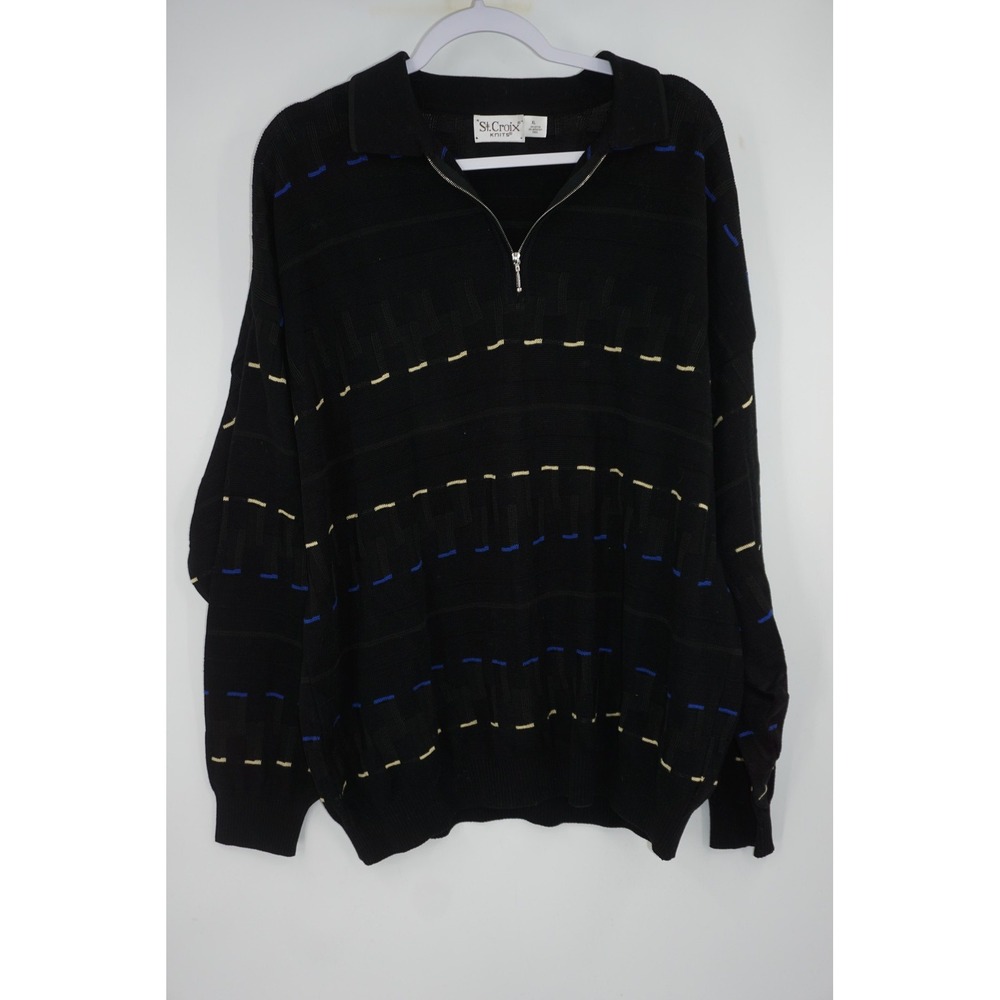 St Croix Knits Sweater Men's XL Black Quarter Zip Cotton Blend Knit Patterned‎